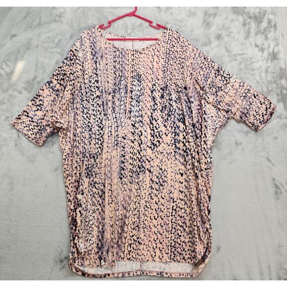 DOUBLJU Top Womens 3X Pink Animal Print Short Sleeve Tunic Ruched Sides Stretch - Picture 1 of 8